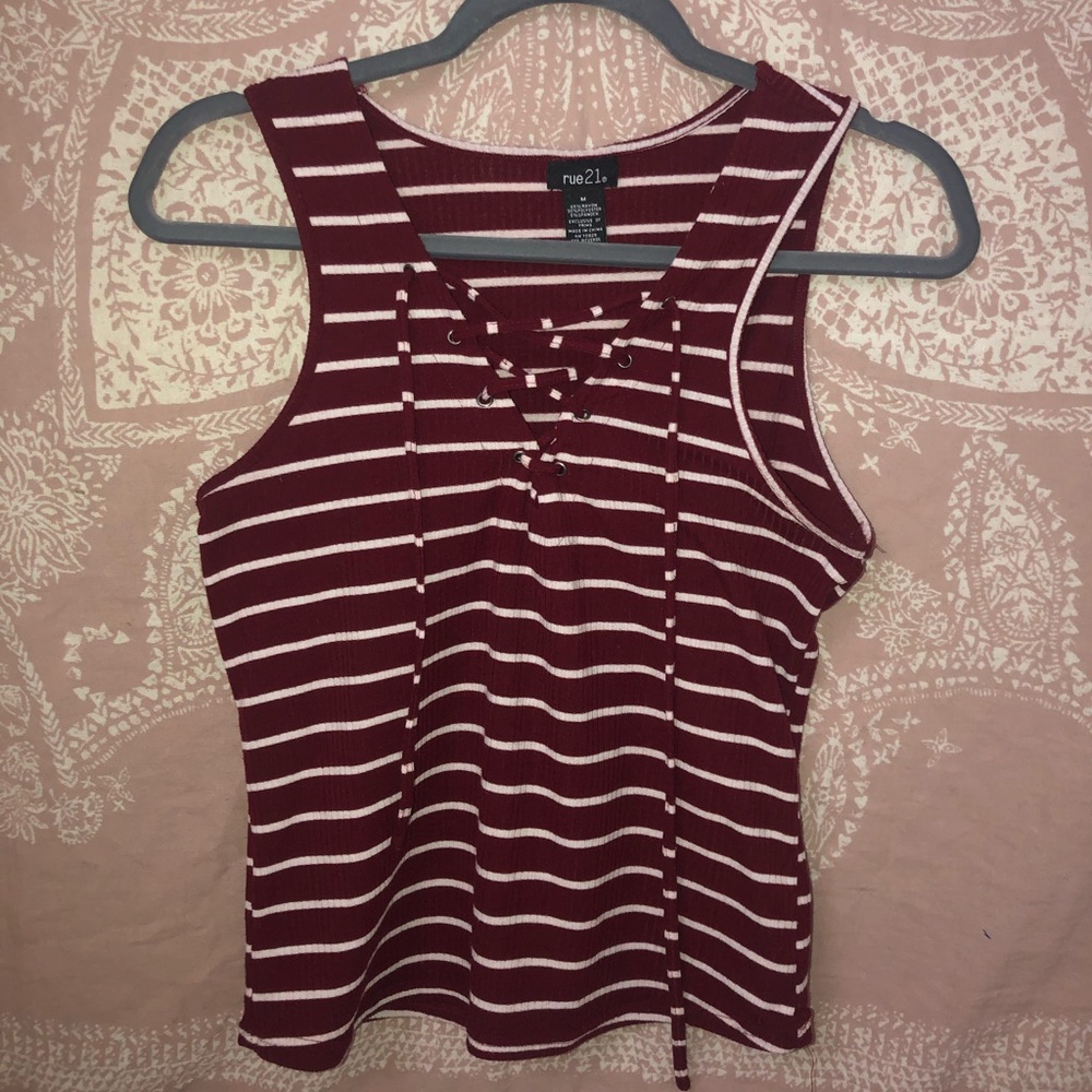 RUE 21-Maroon and white stripped lace up tank top